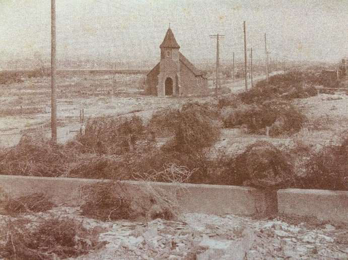 The Church of the Good Shepherd, Shoreham Beach, during World War II, when the beach was cleared of buildings